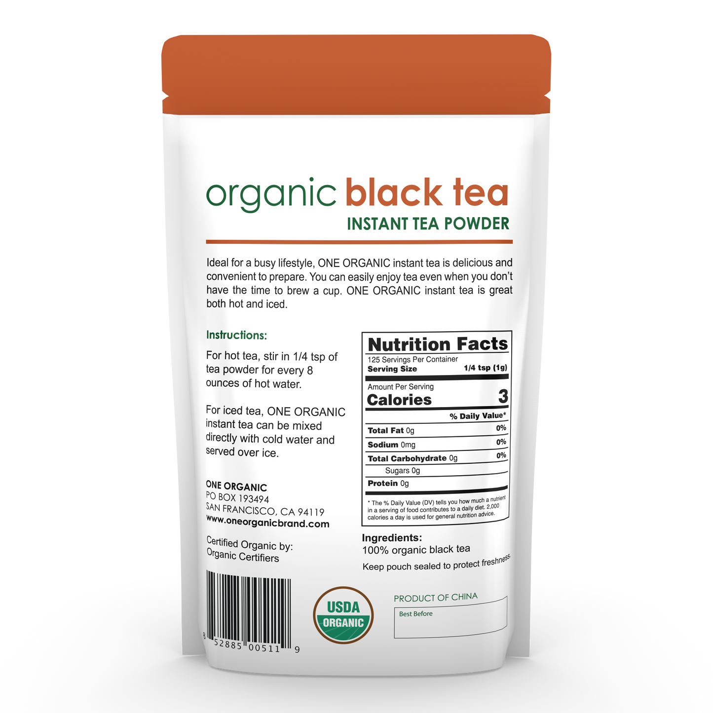 ONE ORGANIC Black Instant Tea Powder 4.4 oz (125g)